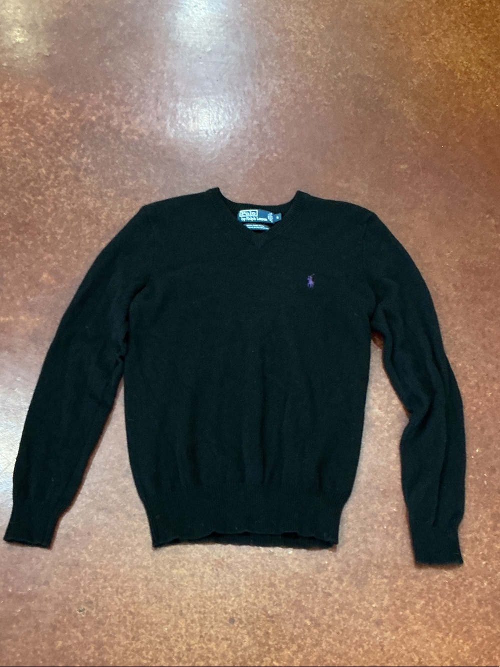 Ralph Lauren Men’s Black V-Neck Sweater with Purple Pony Emblem